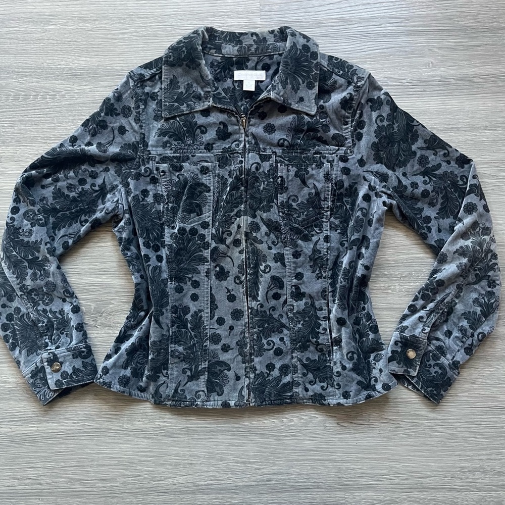 Whimsygoth Grey & Black Paisley Velvet Fitted Moto Jacket